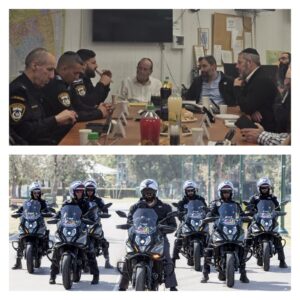 ישיבת צוות עם בכירי המשטרה, ואופנועי אבטחה של אגף הביטחון בעיריית בני ברק